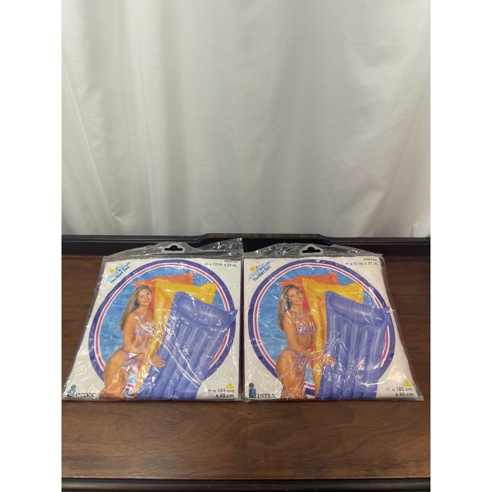 Vintage 1997 Intex Wet Set LOT OF 2 Air Mat BLUE & ORANGE 72" x 27" Inflatable